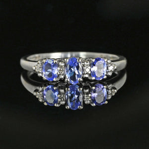 Diamond Three Stone Tanzanite Ring Band in White Gold - Boylerpf