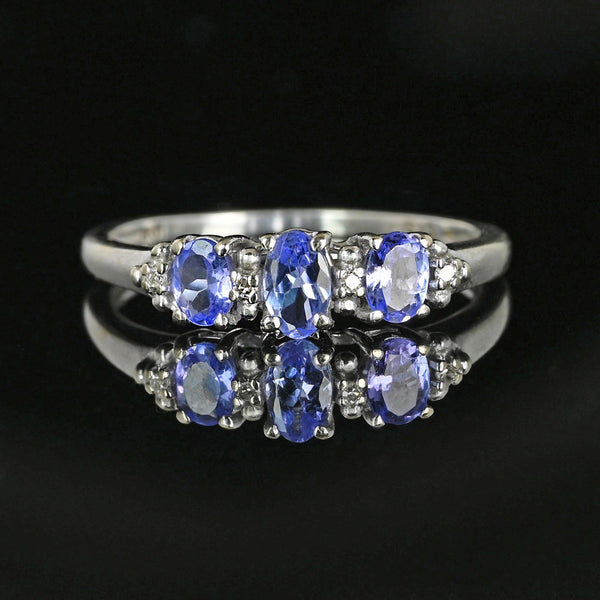 Diamond Three Stone Tanzanite Ring Band in White Gold - Boylerpf