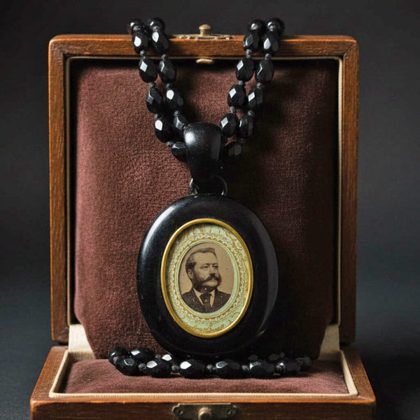 Antique Victorian Whitby Jet Mourning Locket Necklace - Boylerpf
