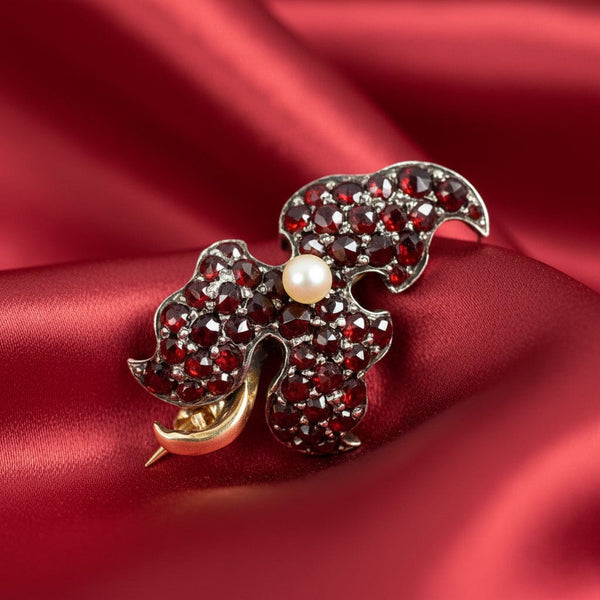 Antique Victorian Pearl and Garnet Leaf Brooch - Boylerpf