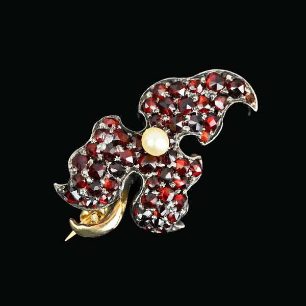 Antique Victorian Pearl and Garnet Leaf Brooch - Boylerpf