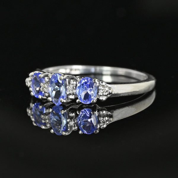 Diamond Three Stone Tanzanite Ring Band in White Gold - Boylerpf