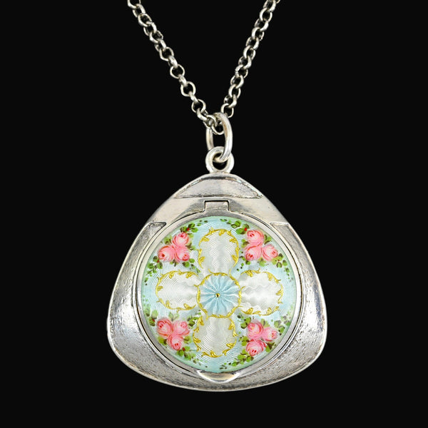 Rare Art Deco Guilloché Enamel Floral Locket 935 Silver