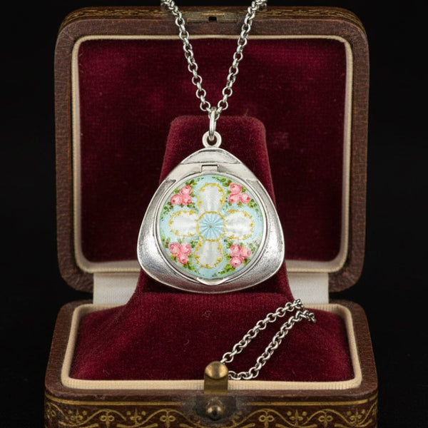 Rare Art Deco Guilloché Enamel Floral Locket 935 Silver