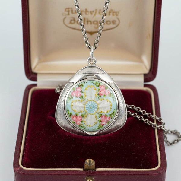 Rare Art Deco Guilloché Enamel Floral Locket 935 Silver