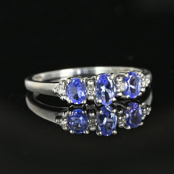 Diamond Three Stone Tanzanite Ring Band in White Gold - Boylerpf