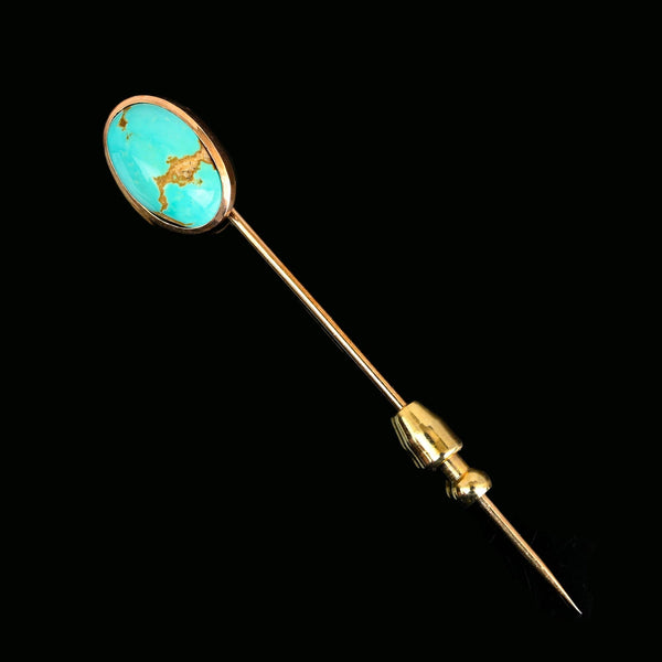 Antique 14K Gold Cabochon Turquoise Stick Pin Brooch - Boylerpf