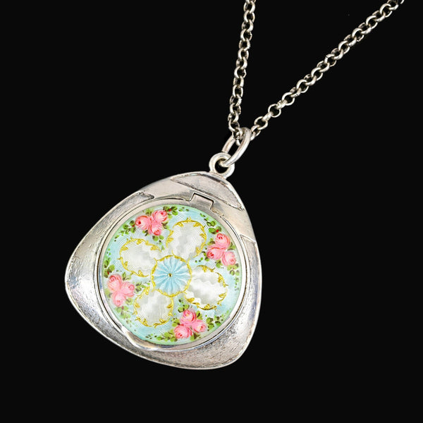 Rare Art Deco Guilloché Enamel Floral Locket 935 Silver