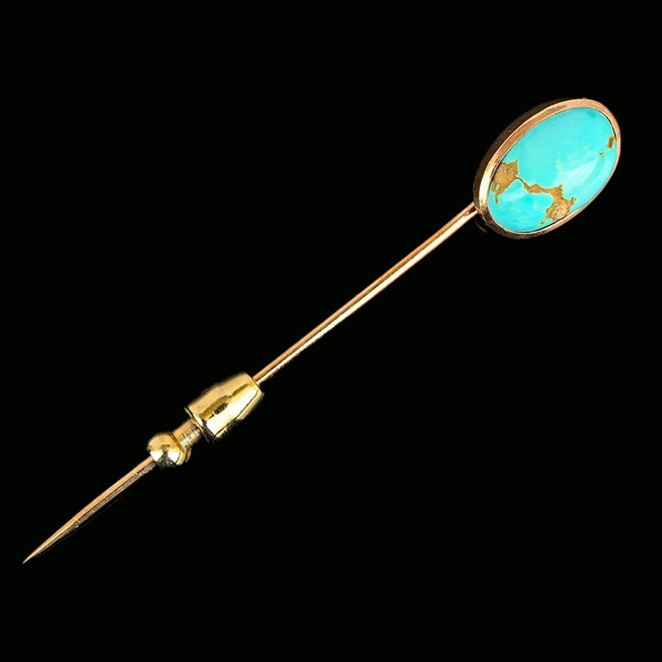 Antique 14K Gold Cabochon Turquoise Stick Pin Brooch - Boylerpf
