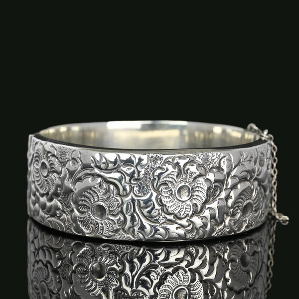 English Wide Floral Engraved Silver Bracelet Bangle - Boylerpf