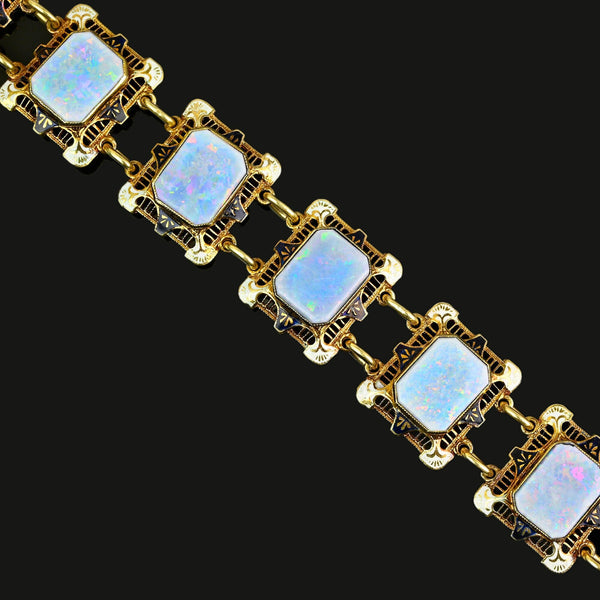 Antique 14K Gold Enamel Opal Art Deco Bracelet - Boylerpf