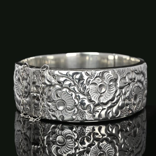 English Wide Floral Engraved Silver Bracelet Bangle - Boylerpf