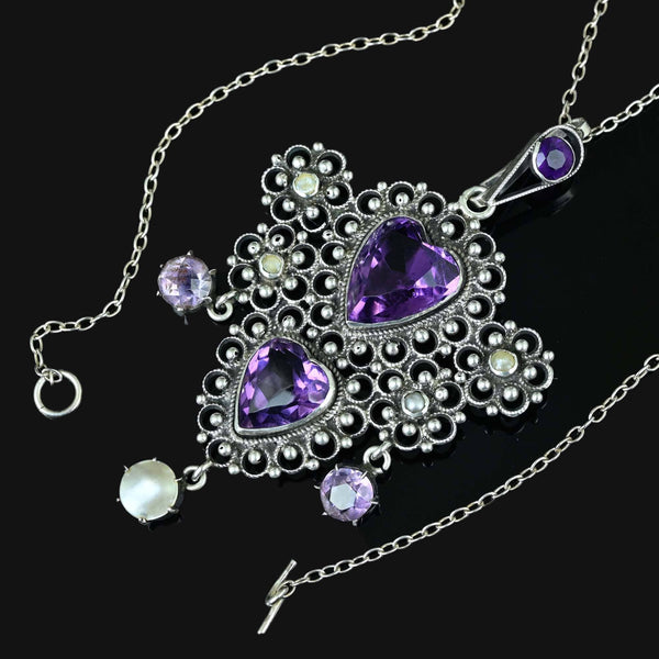 Antique Silver Filigree Pearl Amethyst Heart Necklace - Boylerpf