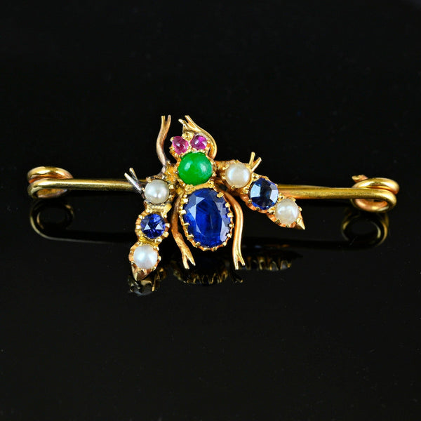 Antique 18K Gold Sapphire Emerald Ruby Bee Brooch - Boylerpf