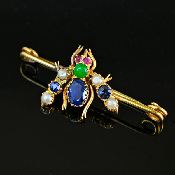 Antique 18K Gold Sapphire Emerald Ruby Bee Brooch - Boylerpf