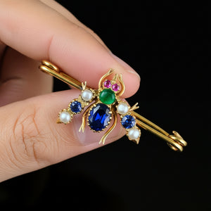 Antique 18K Gold Sapphire Emerald Ruby Bee Brooch - Boylerpf