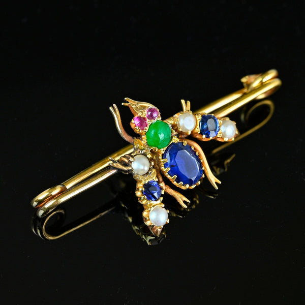Antique 18K Gold Sapphire Emerald Ruby Bee Brooch - Boylerpf