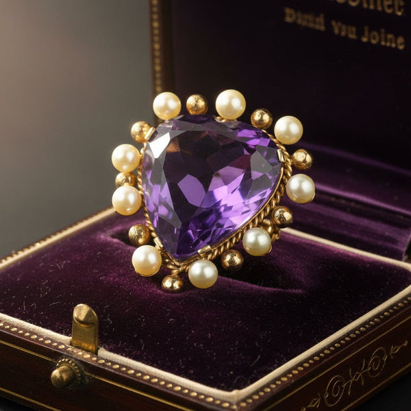 Vintage 14K Gold Pearl Amethyst Heart Brooch Pendant - Boylerpf