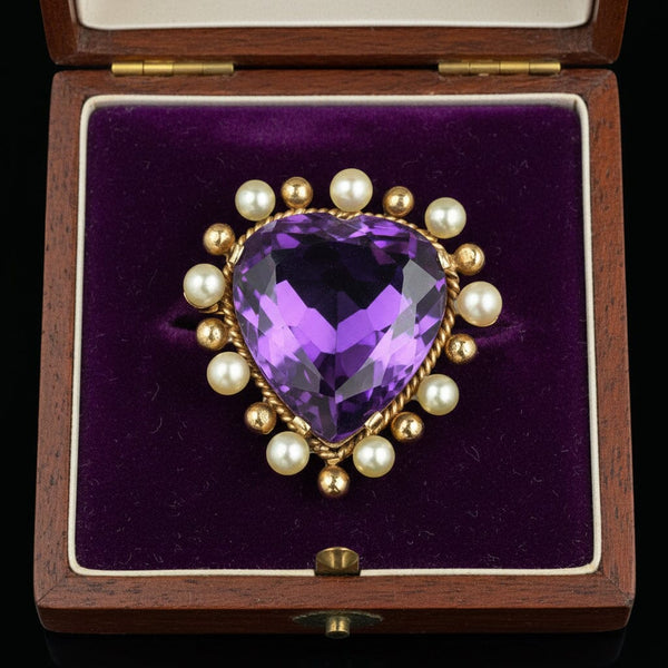 Vintage 14K Gold Pearl Amethyst Heart Brooch Pendant - Boylerpf