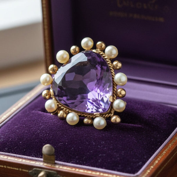 Vintage 14K Gold Pearl Amethyst Heart Brooch Pendant - Boylerpf