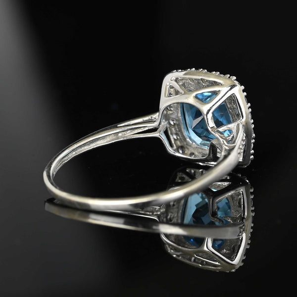 Diamond Halo Cluster Checkerboard Blue Topaz Ring - Boylerpf