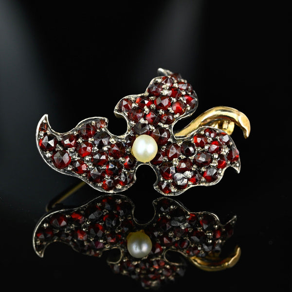 Antique Victorian Pearl and Garnet Leaf Brooch - Boylerpf