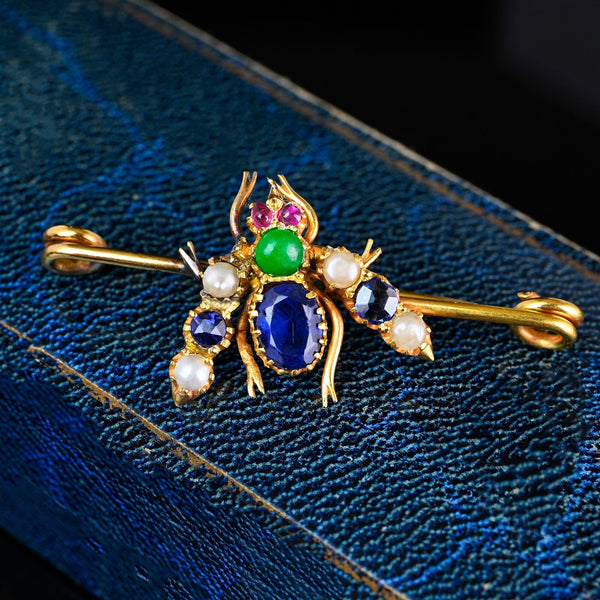 Antique 18K Gold Sapphire Emerald Ruby Bee Brooch - Boylerpf