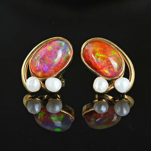 Contemporary Natural Pearl Large Fire Opal Stud Earrings - Boylerpf