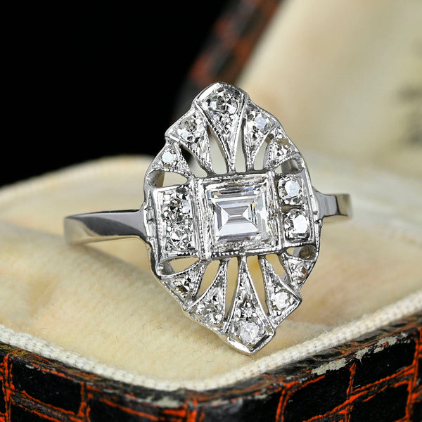 Art Deco Platinum Filigree Emerald Cut Diamond Ring - Boylerpf