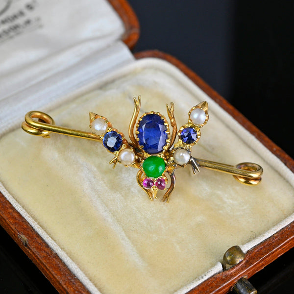 Antique 18K Gold Sapphire Emerald Ruby Bee Brooch - Boylerpf