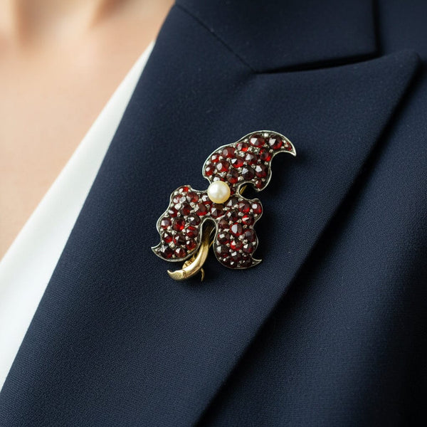 Antique Victorian Pearl and Garnet Leaf Brooch - Boylerpf