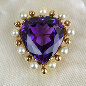 Antique 14K Gold Pearl Amethyst Heart Brooch Pendant - Boylerpf