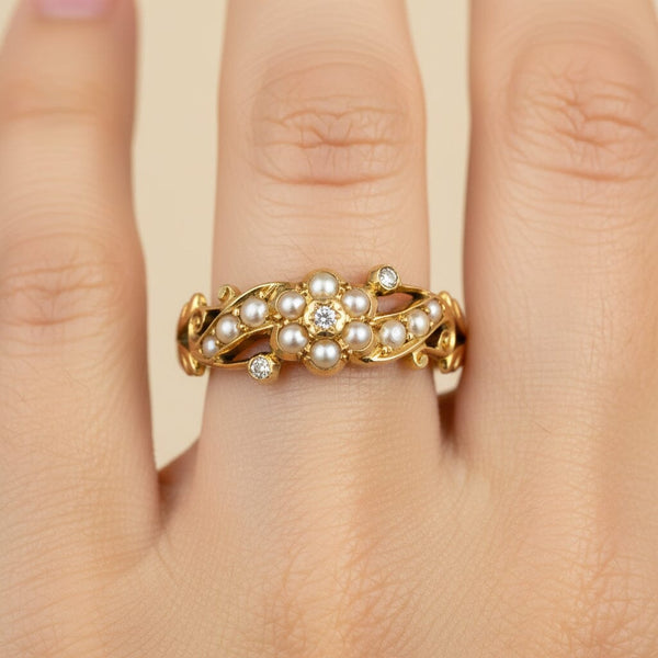 Antique 18K Gold Pearl Cluster Rose Cut Diamond Ring - Boylerpf