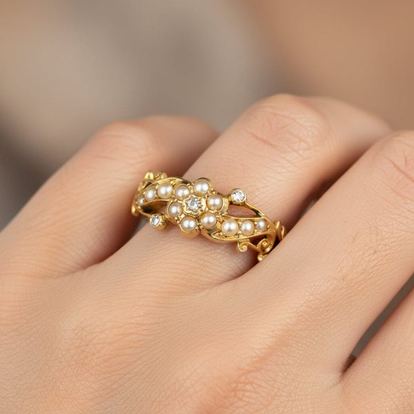 Antique 18K Gold Pearl Cluster Rose Cut Diamond Ring - Boylerpf
