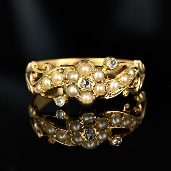 Antique 18K Gold Pearl Cluster Rose Cut Diamond Ring - Boylerpf