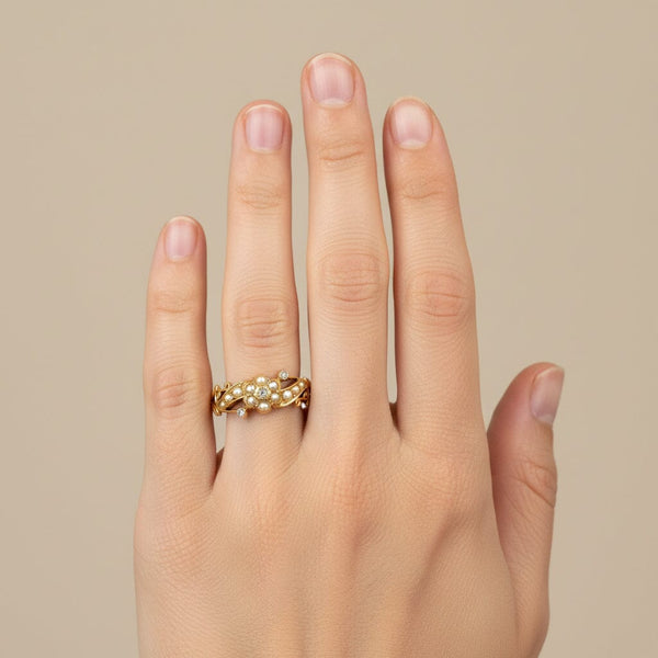Antique 18K Gold Pearl Cluster Rose Cut Diamond Ring - Boylerpf