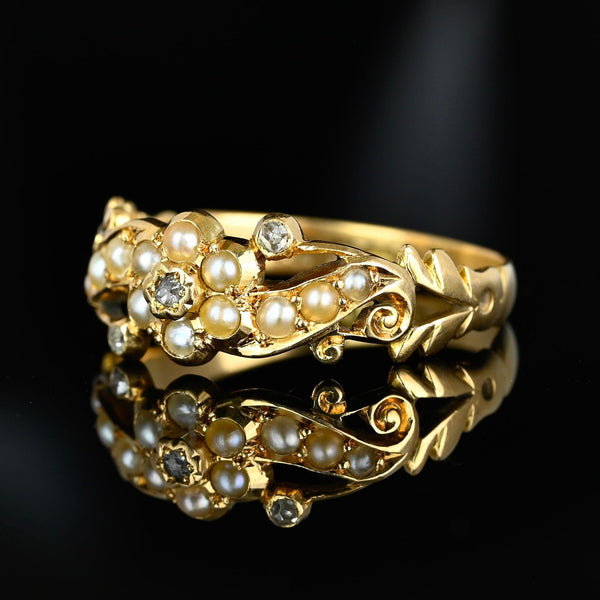 Antique 18K Gold Pearl Cluster Rose Cut Diamond Ring - Boylerpf