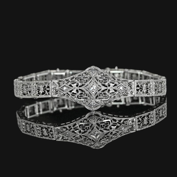 Art Deco 14K White Gold Floral Filigree Diamond Bracelet - Boylerpf