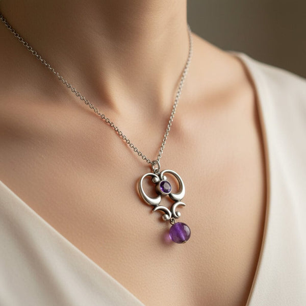 Antique Art Nouveau Amethyst Sterling Silver Pendant - Boylerpf