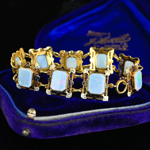 Antique 14K Gold Enamel Opal Art Deco Bracelet - Boylerpf