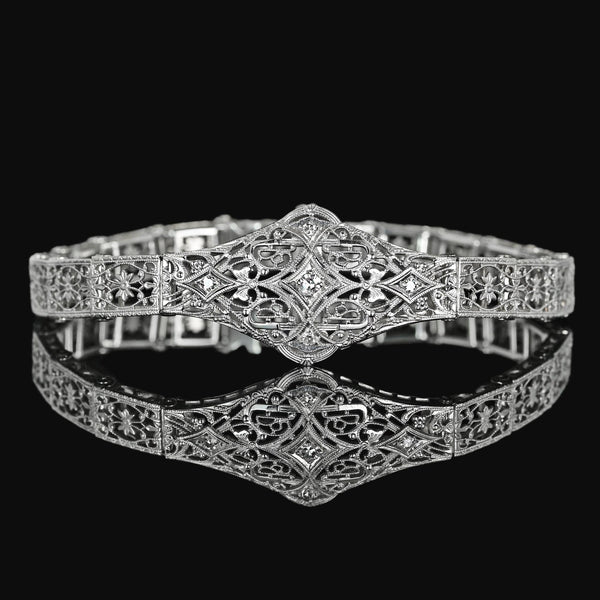 Art Deco 14K White Gold Floral Filigree Diamond Bracelet - Boylerpf