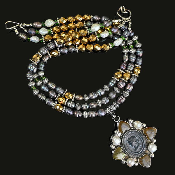 Joan Slifka Labradorite Cameo Brooch Pendant Necklace
