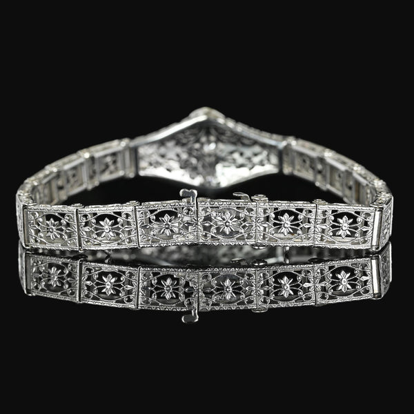 Art Deco 14K White Gold Floral Filigree Diamond Bracelet - Boylerpf