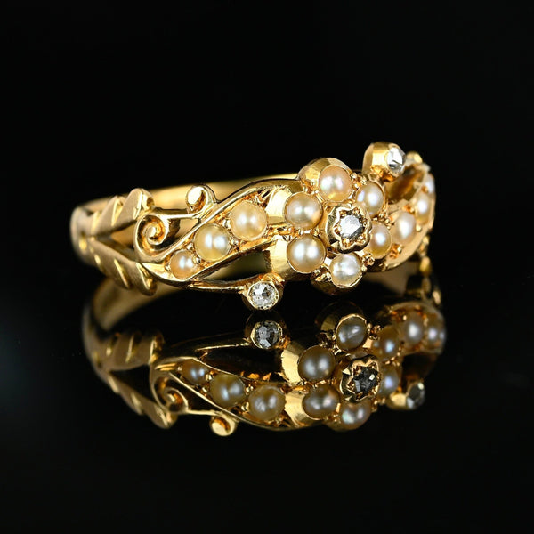 Antique 18K Gold Pearl Cluster Rose Cut Diamond Ring - Boylerpf