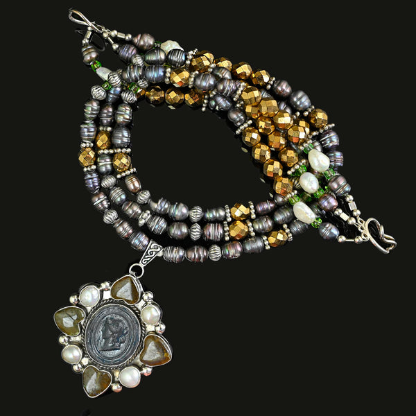 Joan Slifka Labradorite Cameo Brooch Pendant Necklace