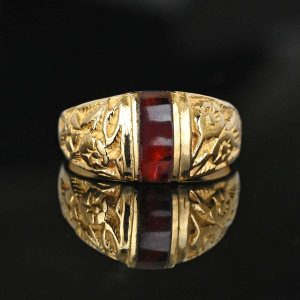Antique 14K Gold Engraved Flower Garnet Signet Ring - Boylerpf