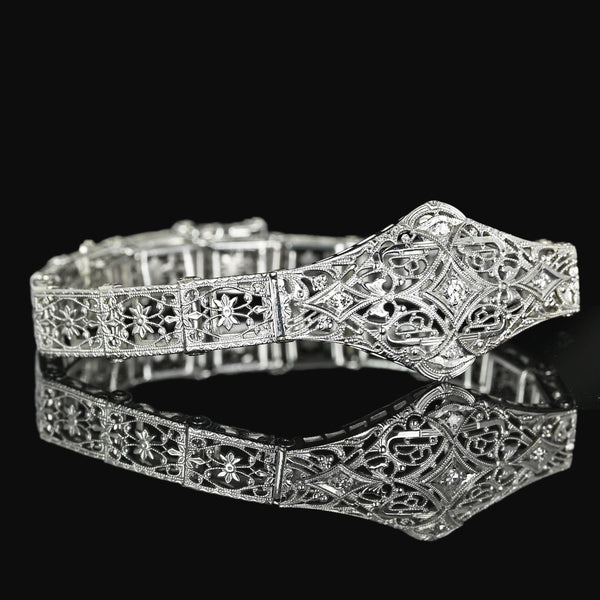 Art Deco 14K White Gold Floral Filigree Diamond Bracelet - Boylerpf