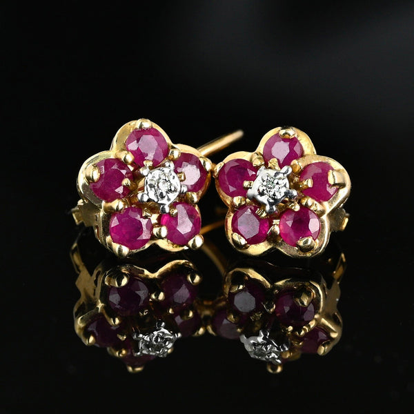 Vintage 10K Gold Diamond Ruby Cluster Drop Earrings - Boylerpf