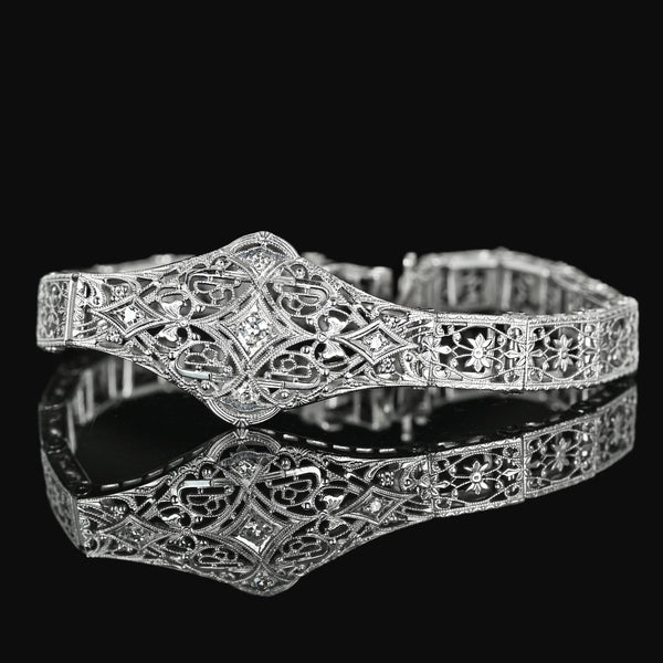 Art Deco 14K White Gold Floral Filigree Diamond Bracelet - Boylerpf