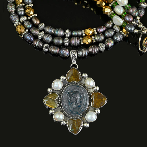 Joan Slifka Labradorite Cameo Brooch Pendant Necklace